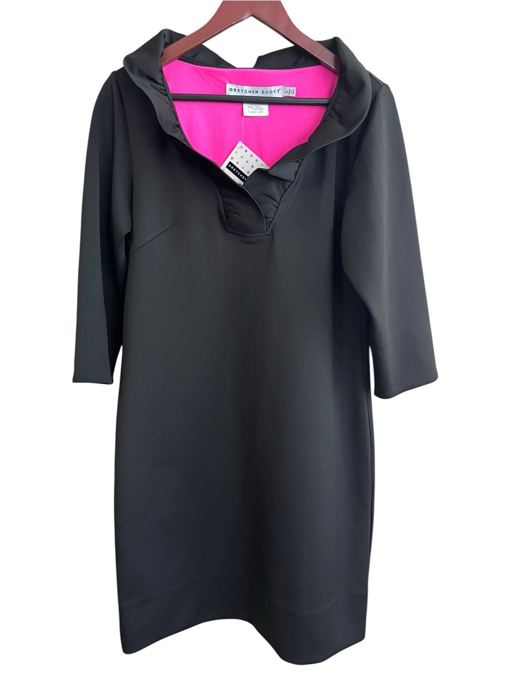 Gretchen Scott Black & Pink Ruffle Neck Jersey Dress - Size Large NWT - Picture 2 of 13